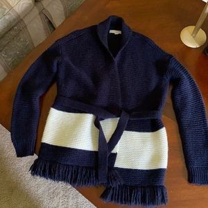 Beautiful fringed cardigan sweater in navy and cream cors